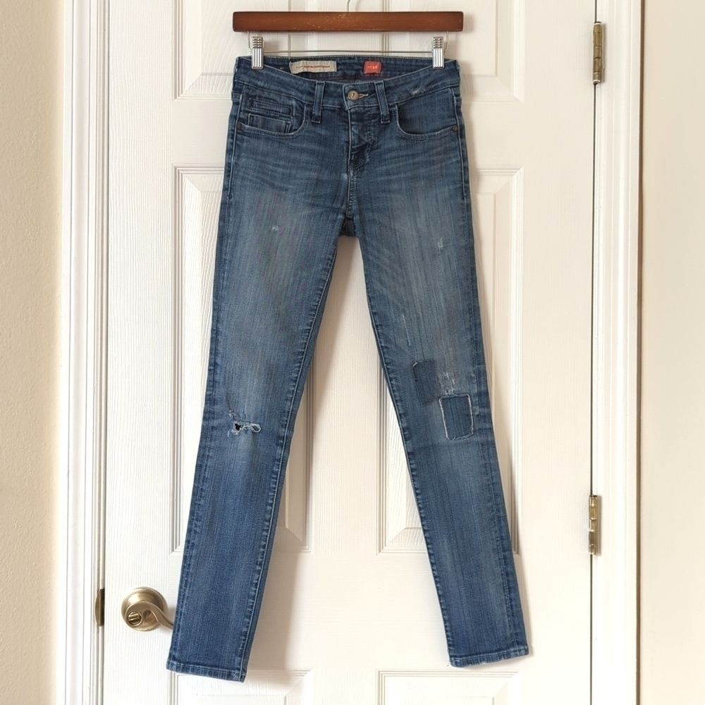 Pilcro Stet Distressed Patchwork Medium Wash Mid Rise Ankle Crop Skinny Jeans 26